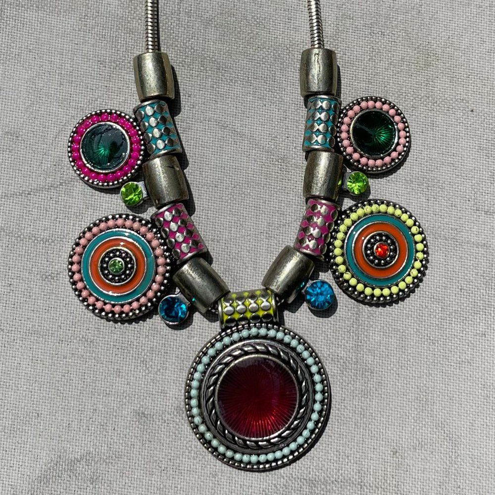 Colorful Necklace w/ Round Medallion Beads Blue & Green Rhinestone Artsy